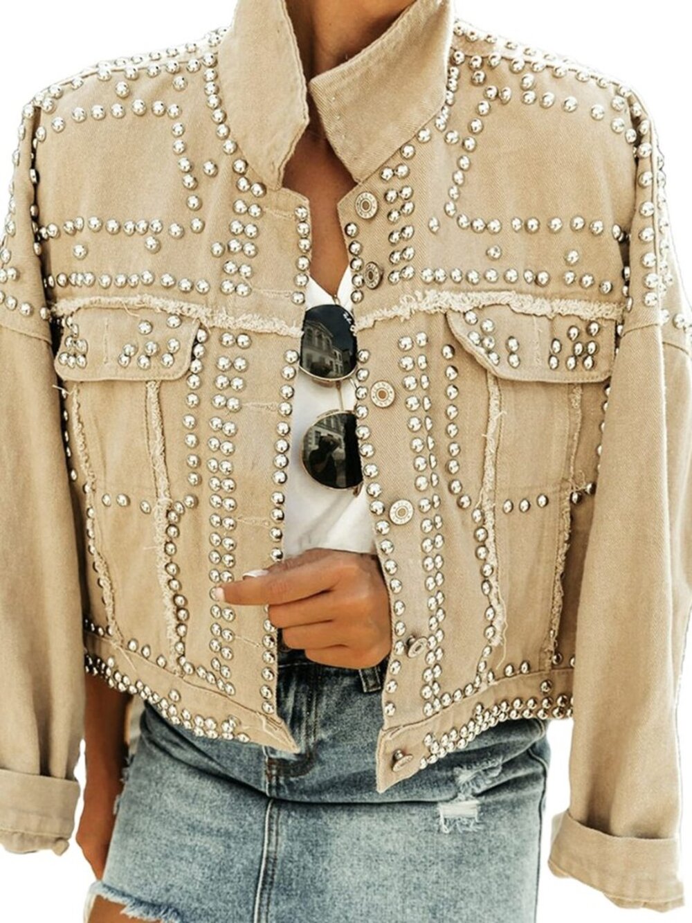 Women's Fashion Crop Fringe Denim Jacket Distressed Western Studded Black